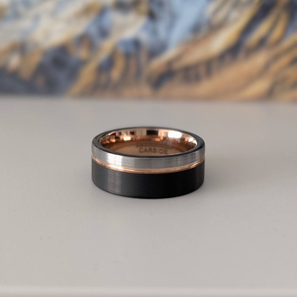 Men's Black and Rose Gold Tungsten Ring